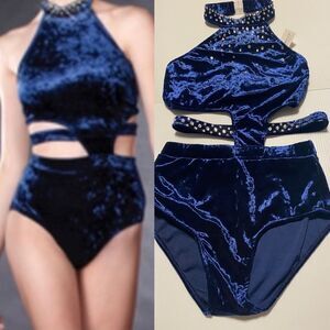Glamour solo dance costume 2 piece style blue velvet 875 leotard SA-Small adult